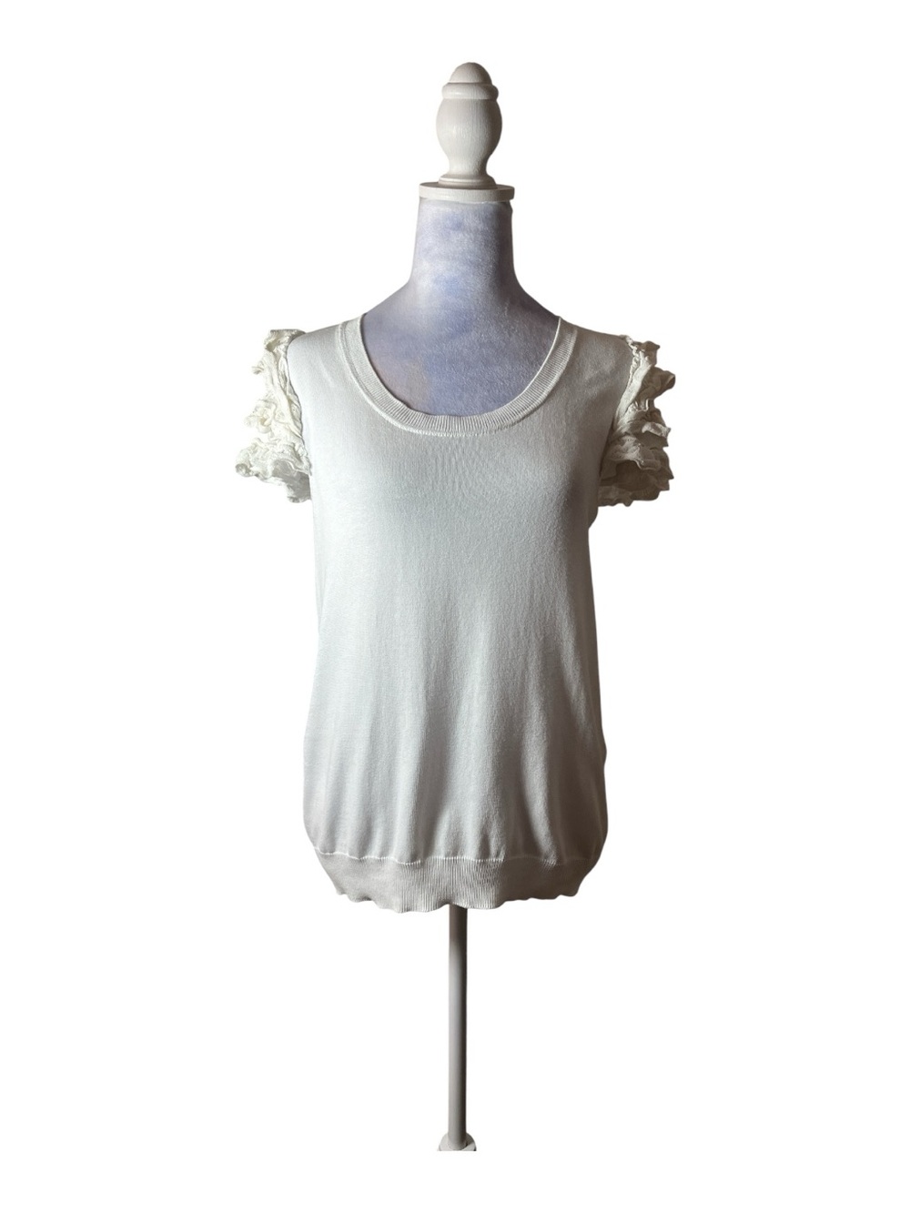 RED Valentino White Ruffle Sleeve Short Sleeve Knit Top